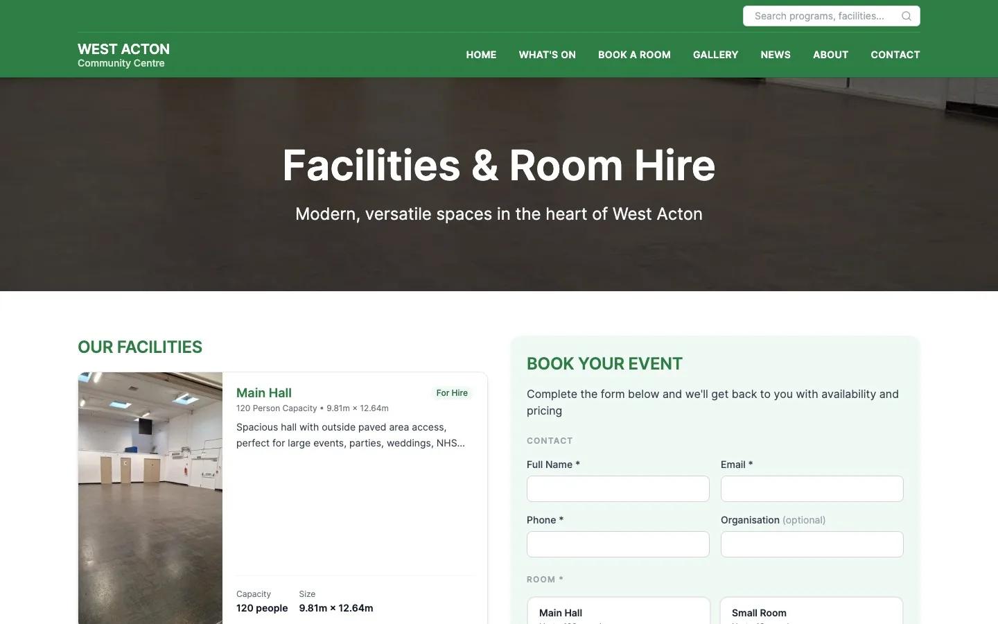 Facilities page with the Main Hall listing and a Book Your Event form