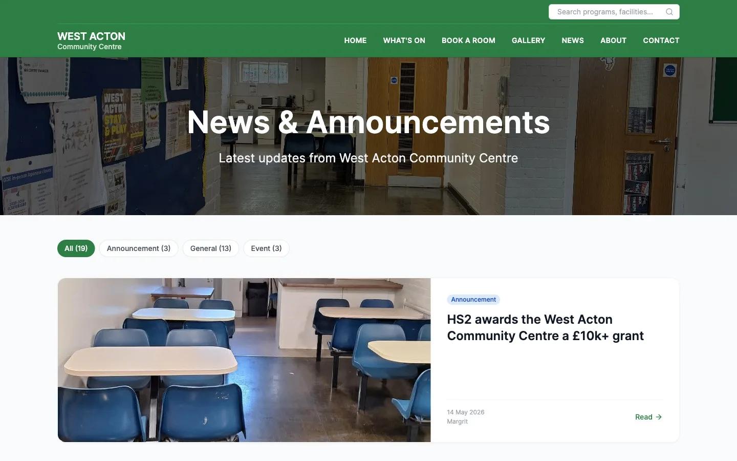 News page with a post about an HS2 grant to the centre