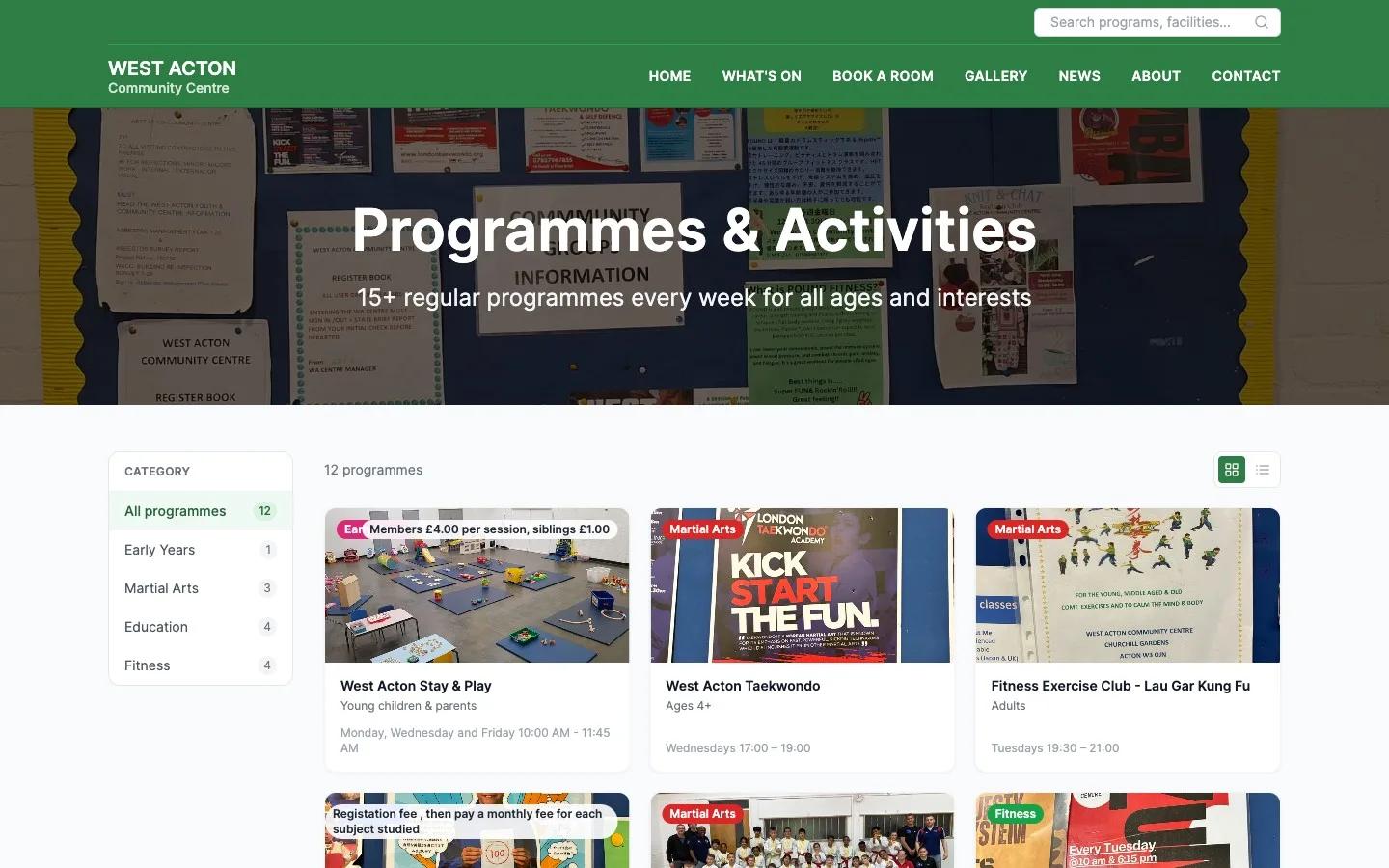 Programmes page with category filter and cards for Stay and Play, Taekwondo and Kung Fu